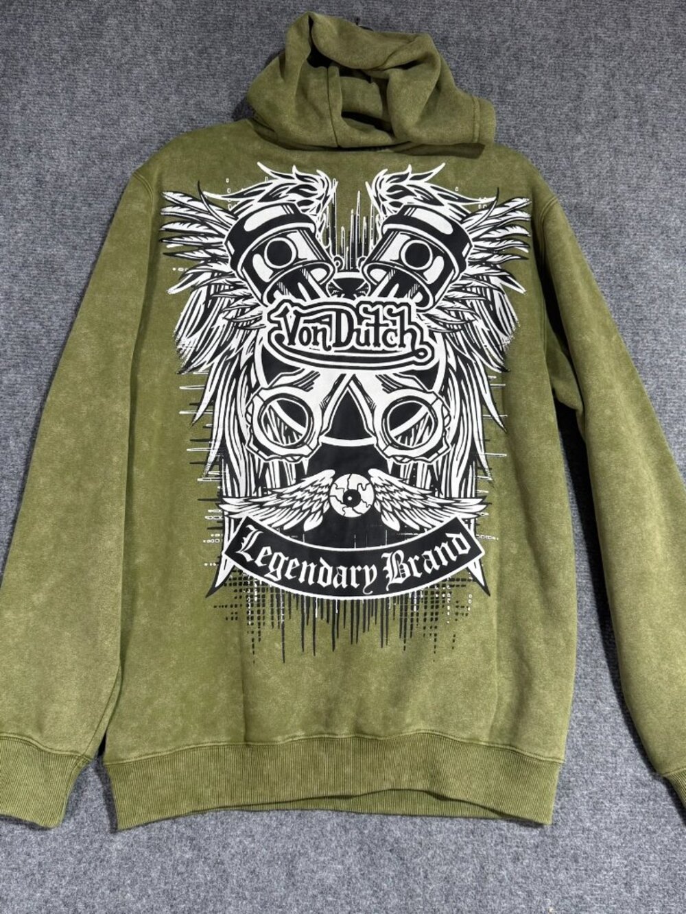 NWT Von Dutch Hoodie Mens Med Olive Mineral Wash Embroidered Logo Graphic Back